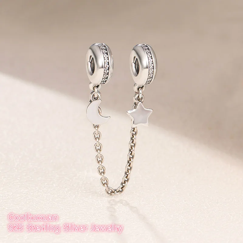 

100% 925 Sterling Silver Personal Galaxy Safety Chain, Clear CZ beads Fit Original Brand Charms Bracelet DIY 2018 Winter