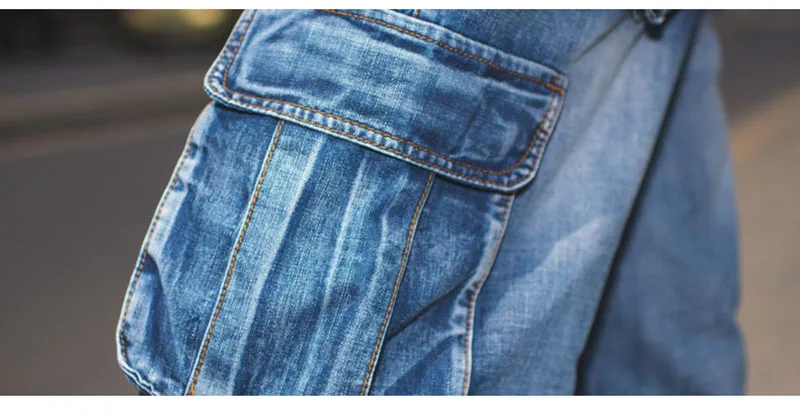 Mcikkny Summer Men's Cargo Denim Shorts Multi pockets Hip Hop Loose Jeans Shorts For Male Washed  (1)
