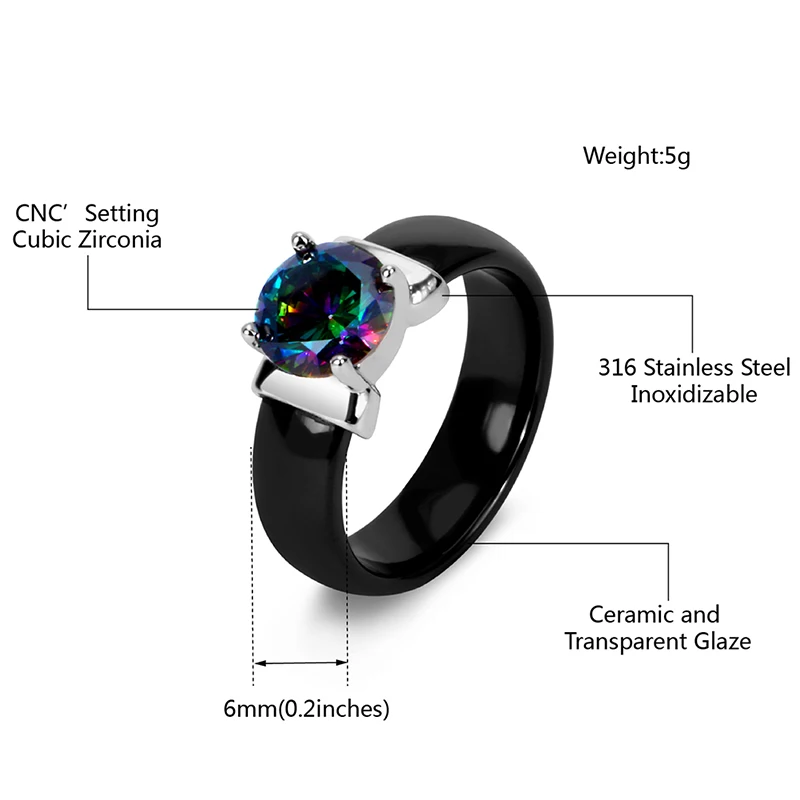 Rainbow Fire Mystic Crystal Zircon Ring White Black Innocuous Ceramic Rings Plus CZ For Women Wedding Ring Engagement Jewelry