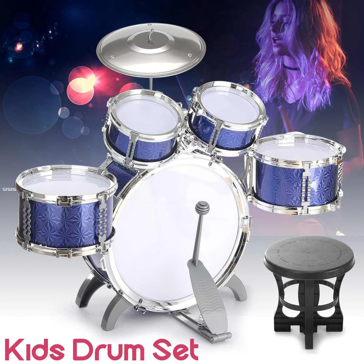 

Blue Drum Set Kit Children Kid Musical Educational Instrument With Stool Sticks Cymbal Gift Percussion Instruments Gift for Kids