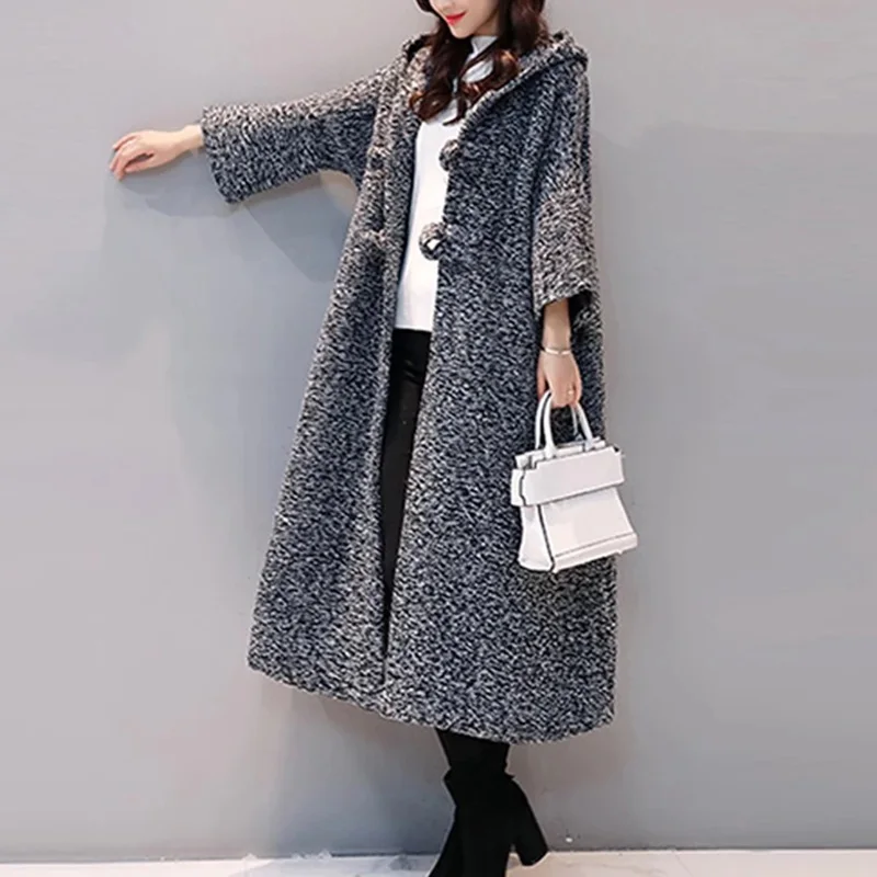 

Hooded Trench Coat For Women Autumn Winter Long sleeve Loose Casual long Trench Ourtwear female Solid color Plus size OverCoat