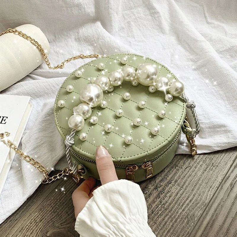 

Elegant Female Pearl Tote Round Bag 2019 Summer New High Quality Leather Women's Designer Handbag Chain Shoulder Messenger bags