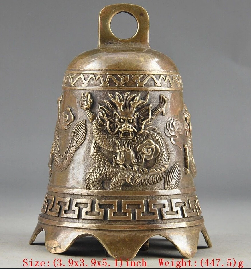 

B0602 Prayer Handwork Hammered Chinese Brass Old Dragon Embossment Bell statue