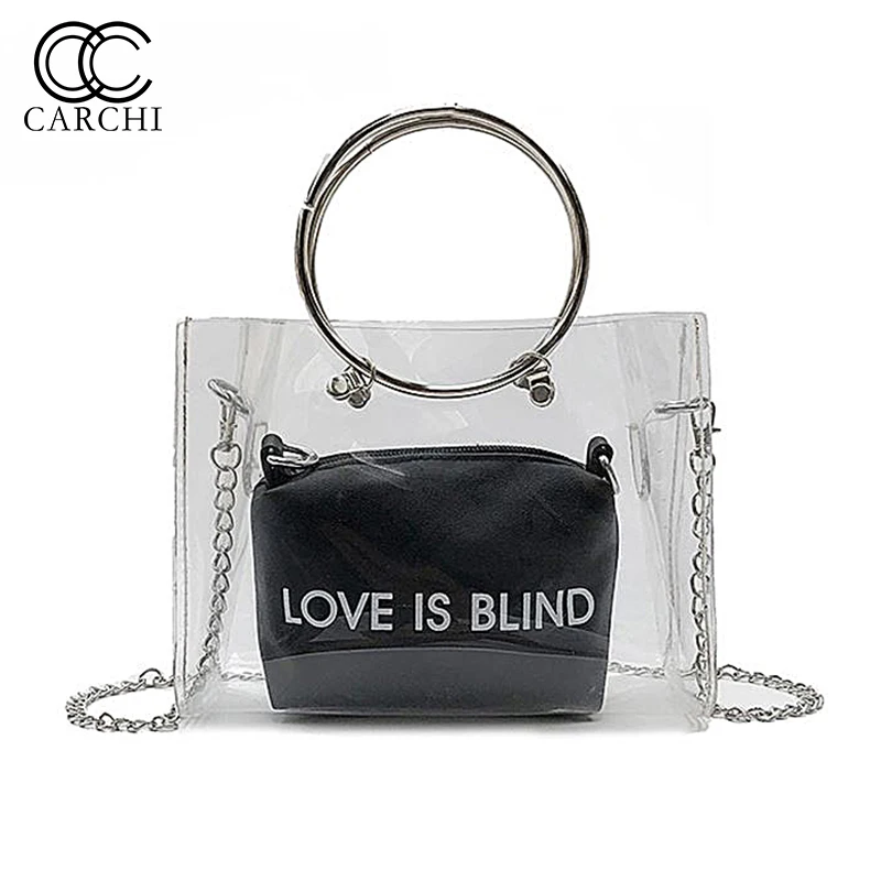 

CARCHI 2 Pcs Women 2018 Summer Beach Shoulder Bag PVC Bags Transparent Big HandBags Female Casual Totes