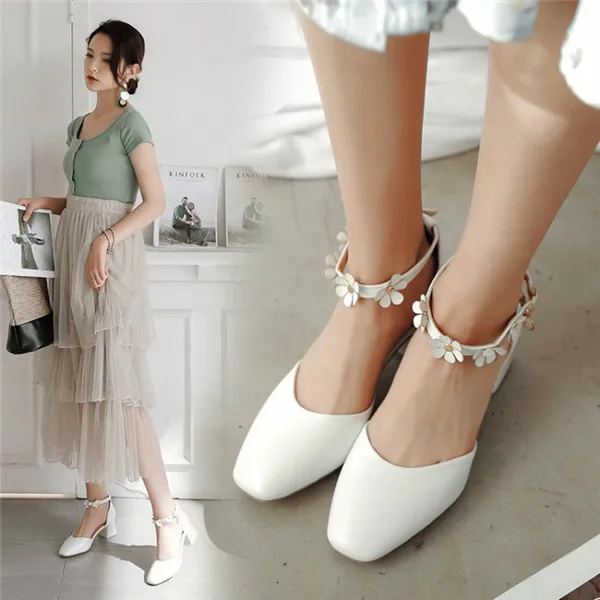 

PXELENA Blue Pink White Flower Bride Wedding Sandals Women Chunky Block Med Heels Shoes 2018 Square Tow Sweet Ankle Strap 34-43