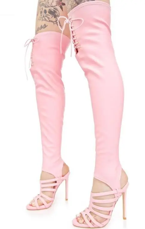 À Talons Cut En 2018 Stretch Out Pink Bottes Sur Le Cuir Lacets Bretelles Printemps Slingback Sexy Mode Femmes Hauts Genou TFlKc1J