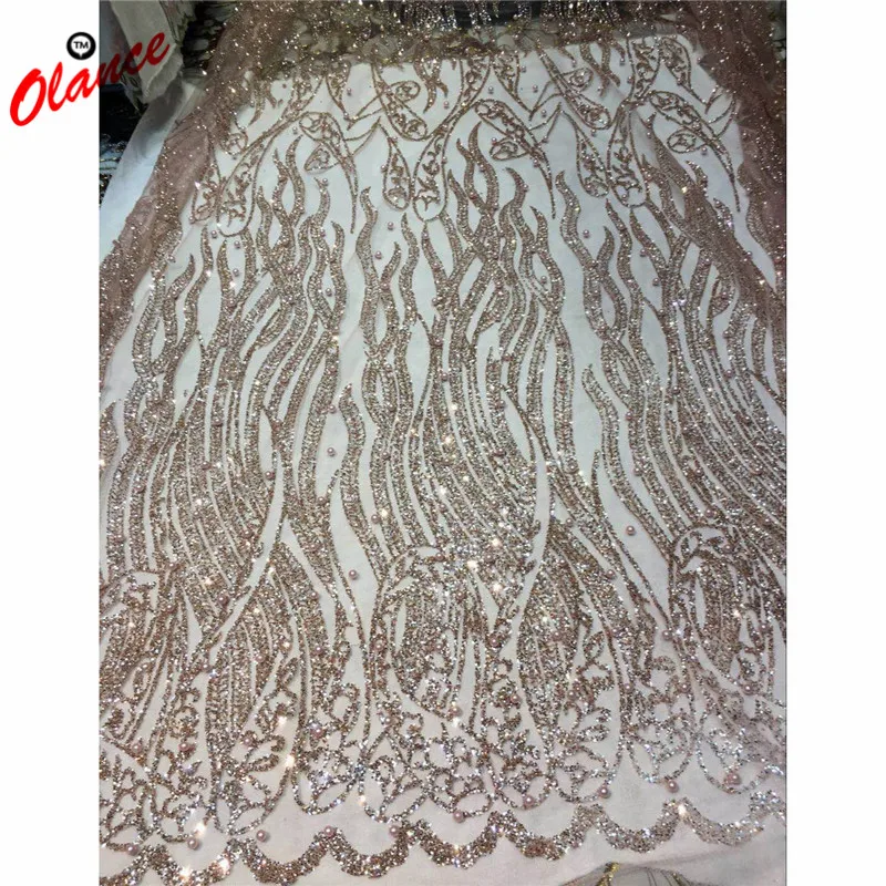 

New arrival peach pink color Glued Glitter Sequins with same color beads Nigeria dress fabric JX0 French Tulle Lace Fabric