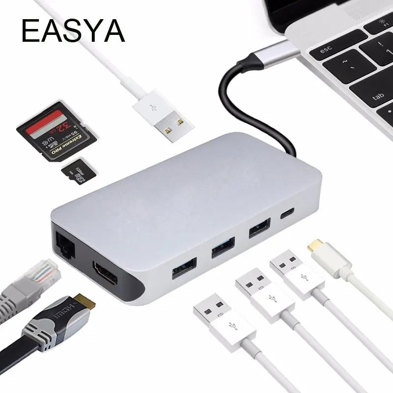 

EASYA 9-in-1 USB C Hub to HDMI Rj45 Adapter with PD Type-C Charging Port USB Hub 3.0 SD TF card Reader Slot for MacBook Pro