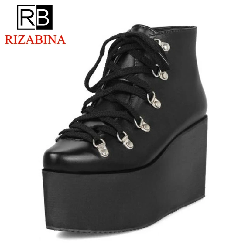

RIZABINA Plus Size 33-47 Women Ankle Boots Thick Bottom Warm Fur Shoes Woman Winter Wedge Boots Lace Up Pointed Toe Footwear