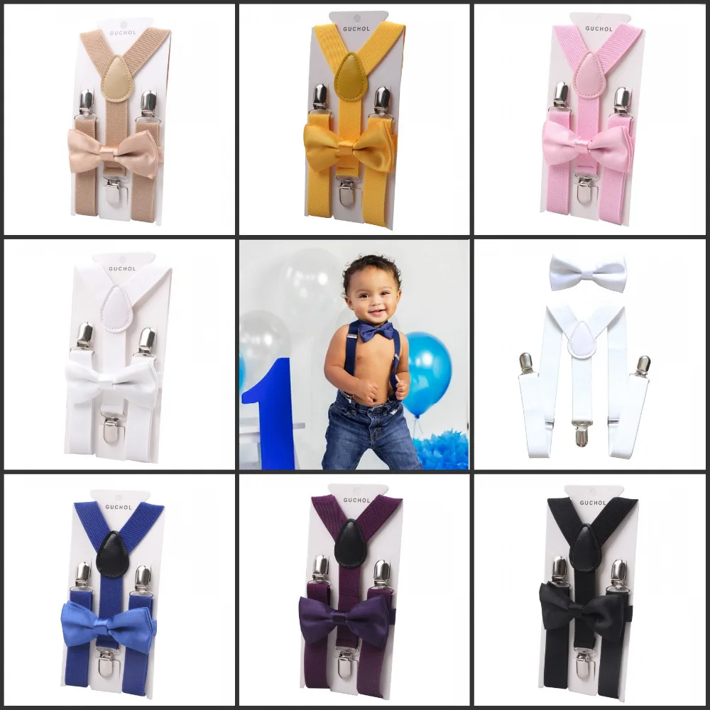 Toddlers Baby Suspenders Bow Ties Set High Elastic Y Green Braces Baby Kids Solid Colors Boys