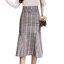 Новая юбка русалки с высокой талией для женщин Осенняя Женская тонкая модная клетчатая Полосатая юбка Повседневная хаки серая Женская юбка s