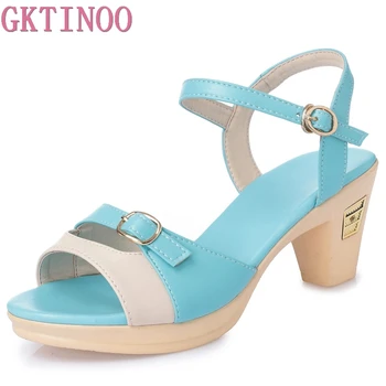 

GKTINOO Women Sandals Leather Casual Women Shoes Fashion Mother Shoes High Heel Sandals Mixed Colors Ladies Shoes Summer Sandals