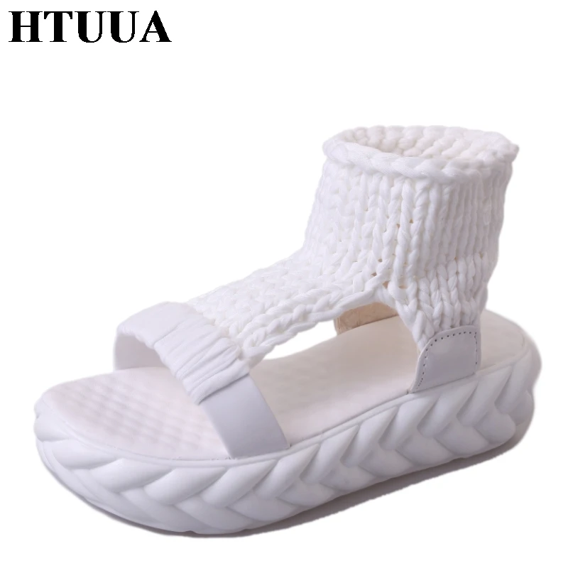HTUUA/высококачественные шерстяные вязаные босоножки на танкетке женская обувь