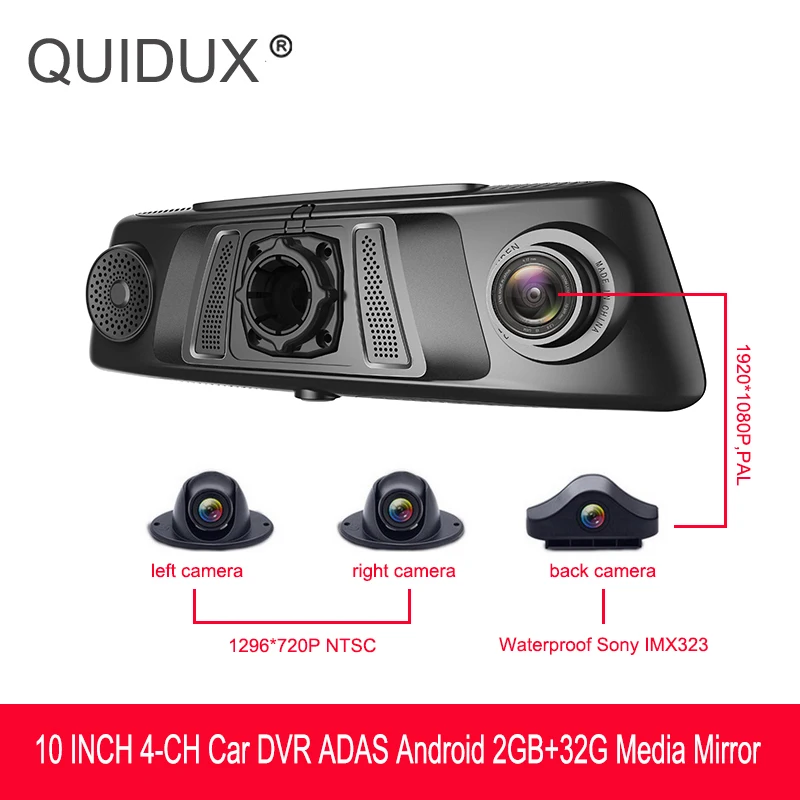 

QUIDUX 4 Channel Car DVRs Camera ADAS 10" Full Touch Android 5.1 Stream Media Mirror 4G GPS Dual Sony IMX323 1080P WIFI Dash Cam