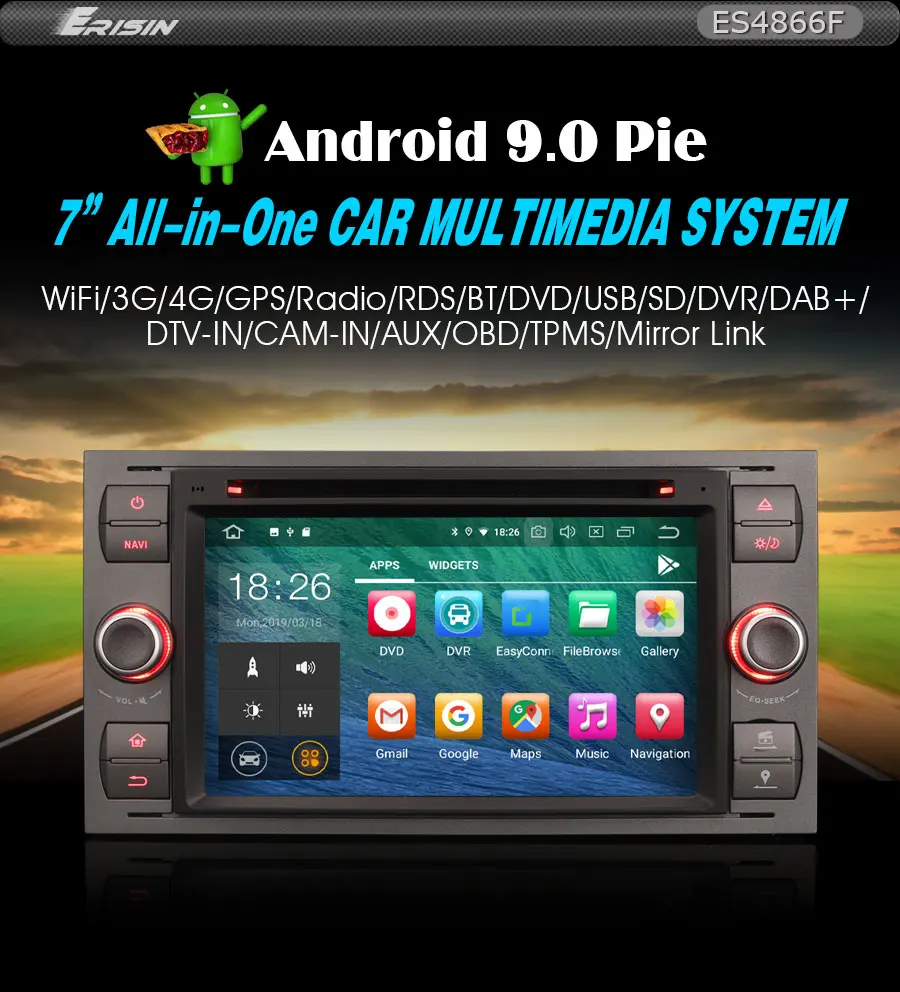 Sale Erisin ES4866F 7" Auto Radio Android 9.0 Quad core 2G RAM PX30 car dvd player  Car GPS for Ford Kuga Fiesta 8