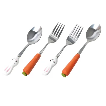 

Cartoon Rabbit Carrot Stainless Steel Spoon Fork children's Spoon Tableware Dinnerware Set Household Tableware Portable Spoon