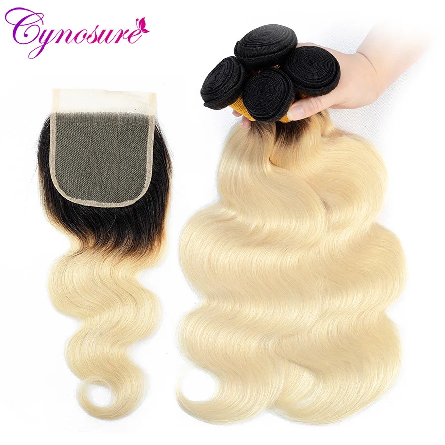 Cynosure Brazilian Hair Weave 3 Bundles with Closure 1b 613 Dark Roots Blonde Body Wave Human Hair Bundles with Closure NonRemy