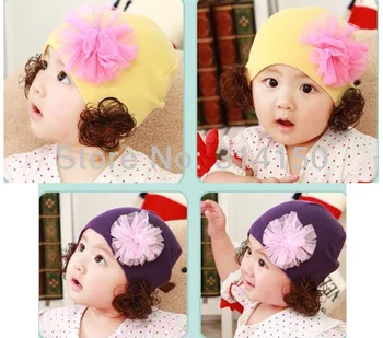 

TOU--Baby Accessories Girl Lace Flower Caps Children Soft Springy Beanies Hats Toddler Wig Ornament Knitted Cap 1pcs