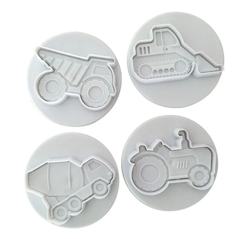 

4 Pcs/Set Plastic Truck Bulldozer Transportation Cookie Mould Cutter Cake Fondant Spring Press Mold Cake Decorating Tools