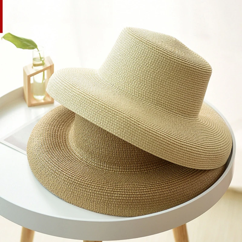 

HT2262 New Fashion Women Summer Hat Female Packable Panama Solid Plain Flat Top Boater Straw Hat Ladies Floppy Wide Brim Sun Hat