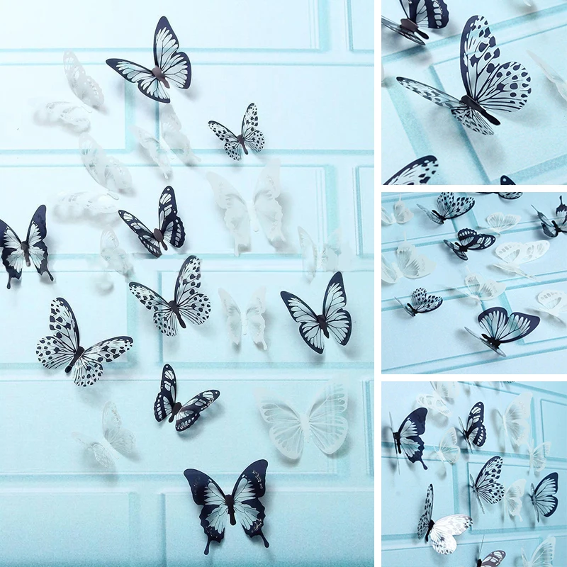 JX-LCLYL 18Pcs 3D PVC White&Black Butterfly Sticker Art Wall Decal Home Room Decor