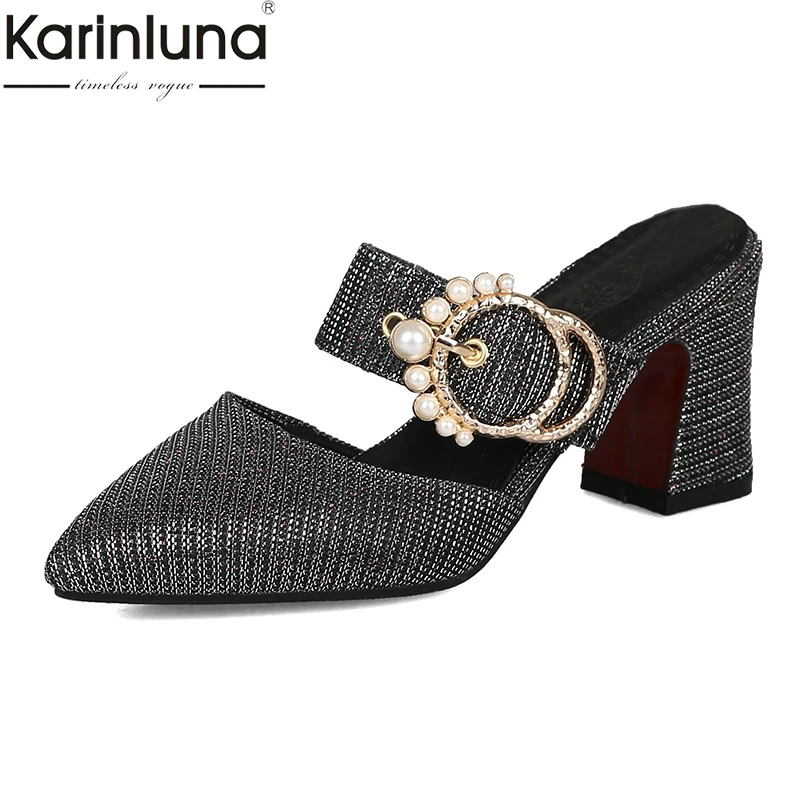 

New Fashion Plus Size 33-48 Metal Decoration Summer Mules Ladies High Heels Shoes Woman Party Ol Female Footwear