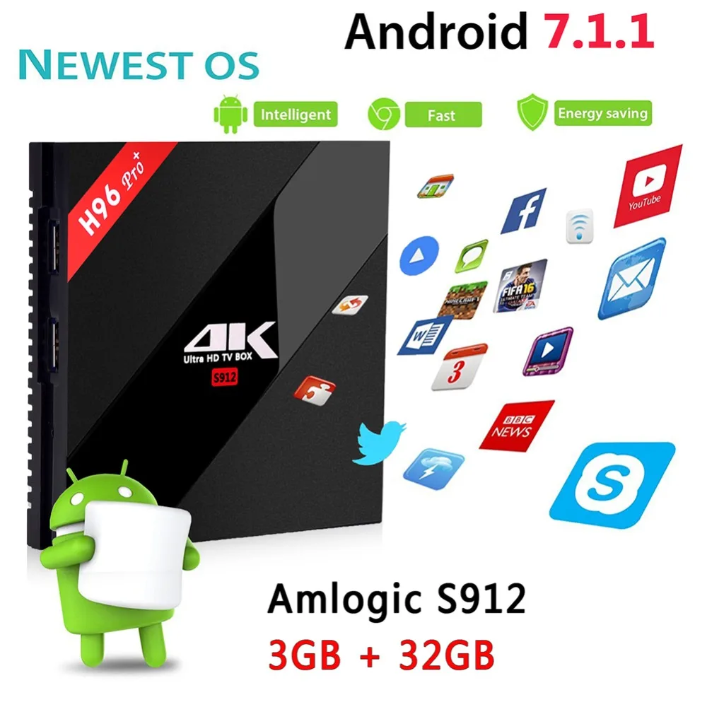 

H96 Pro Plus Android 7.1 TV Box 3GB 32GB Amlogic S912 Octa Core 2.4G/5.8G BT 4.1 WiFi H.265 4K Smart TV box H96 Pro+ Set Top Box