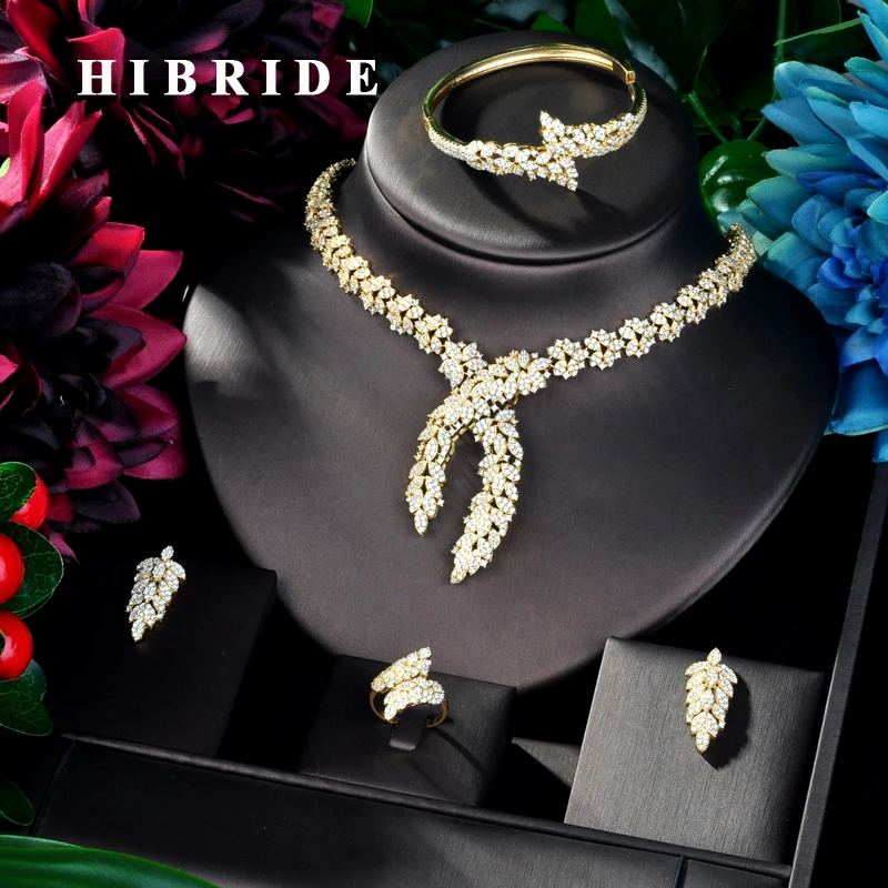 

HIBRIDE Luxury Design Gold Color Leaf Shape Women 4 pcs Jewelry Set Dress Necklace Earring Jewelry Set For Party Gits N-880