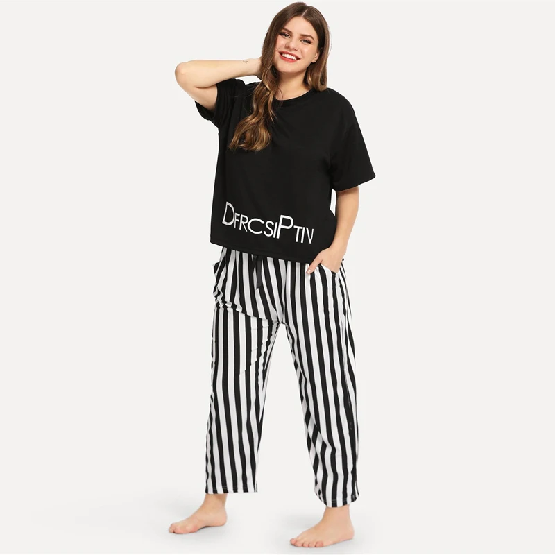 Dotfashion плюс размеры письмо печати пижама в полоску комплект 2019 повседневное черный и белый пижамы для женщин летние шорты рукавом Ночное
