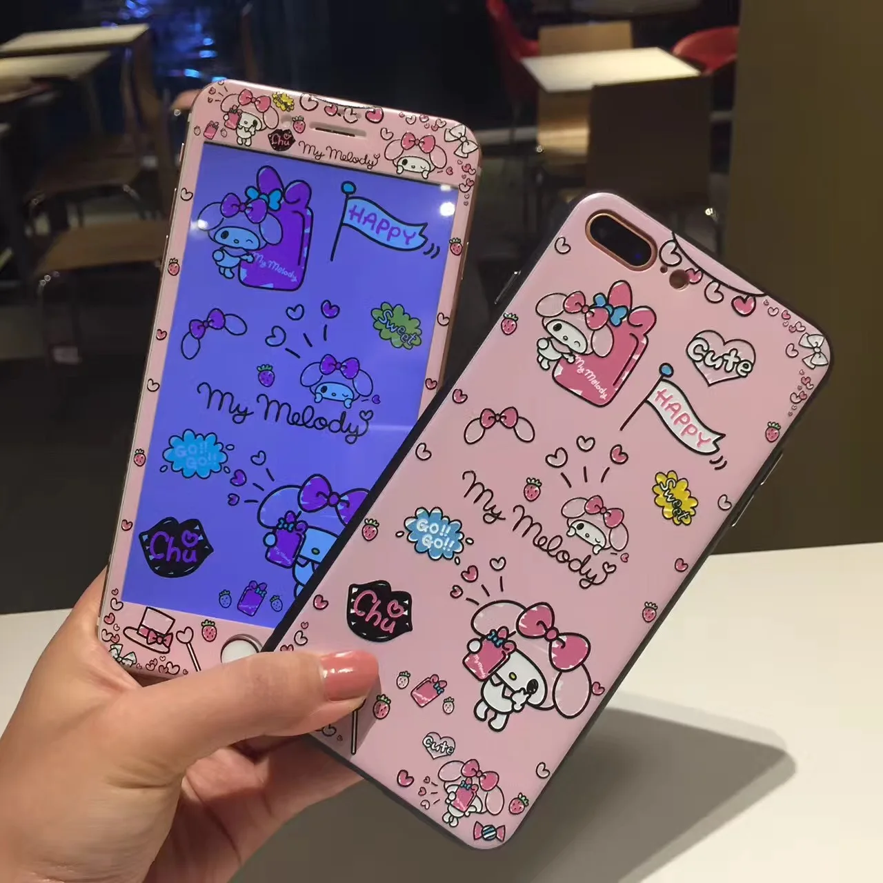 

RLENDA 3D Soft Edge Screen Protector Tempered Glass Film+Cute Melody Cartoon Phone Case for iphone 8 7 Plus 6S 6 Silicone TPU+PC