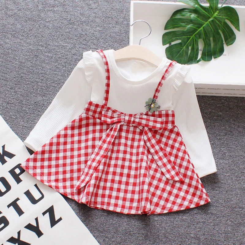 

New arrival cotton baby dress plaid printing regular sleeve o-neck bow mini A-line autum baby girl long sleeve dress