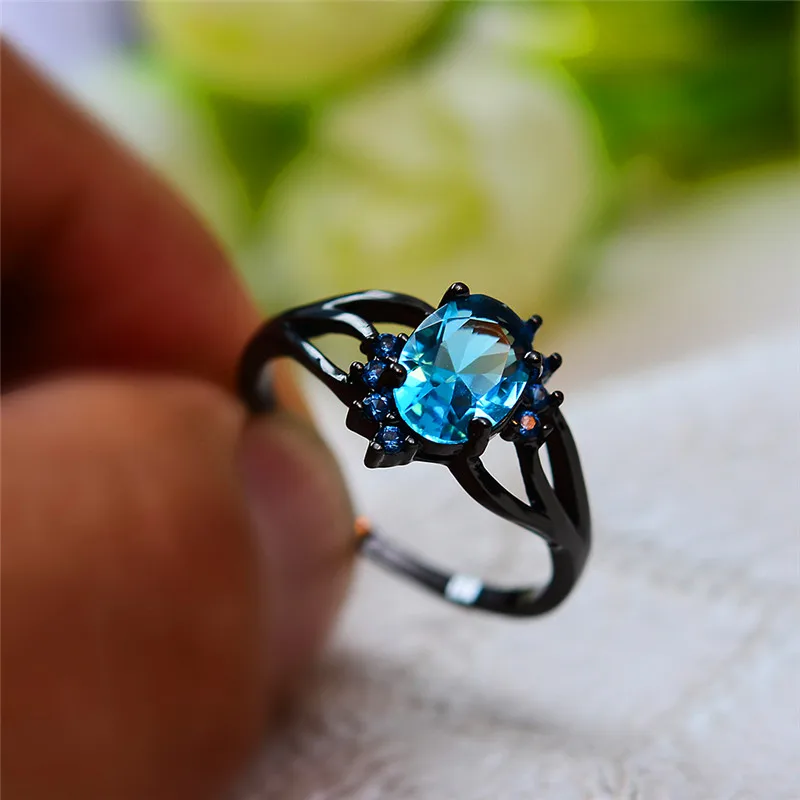 Anillo de compromiso con piedra azul claro para sortija de lujo de Oro Negro Grande, Vintage, anillos de boda solitario para mujer - AliExpress