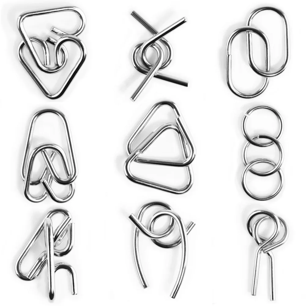 9Pcs Metal Wire Puzzles Brain Teaser Classical Intellectual Toy(Beginner Version) - Pattern-A