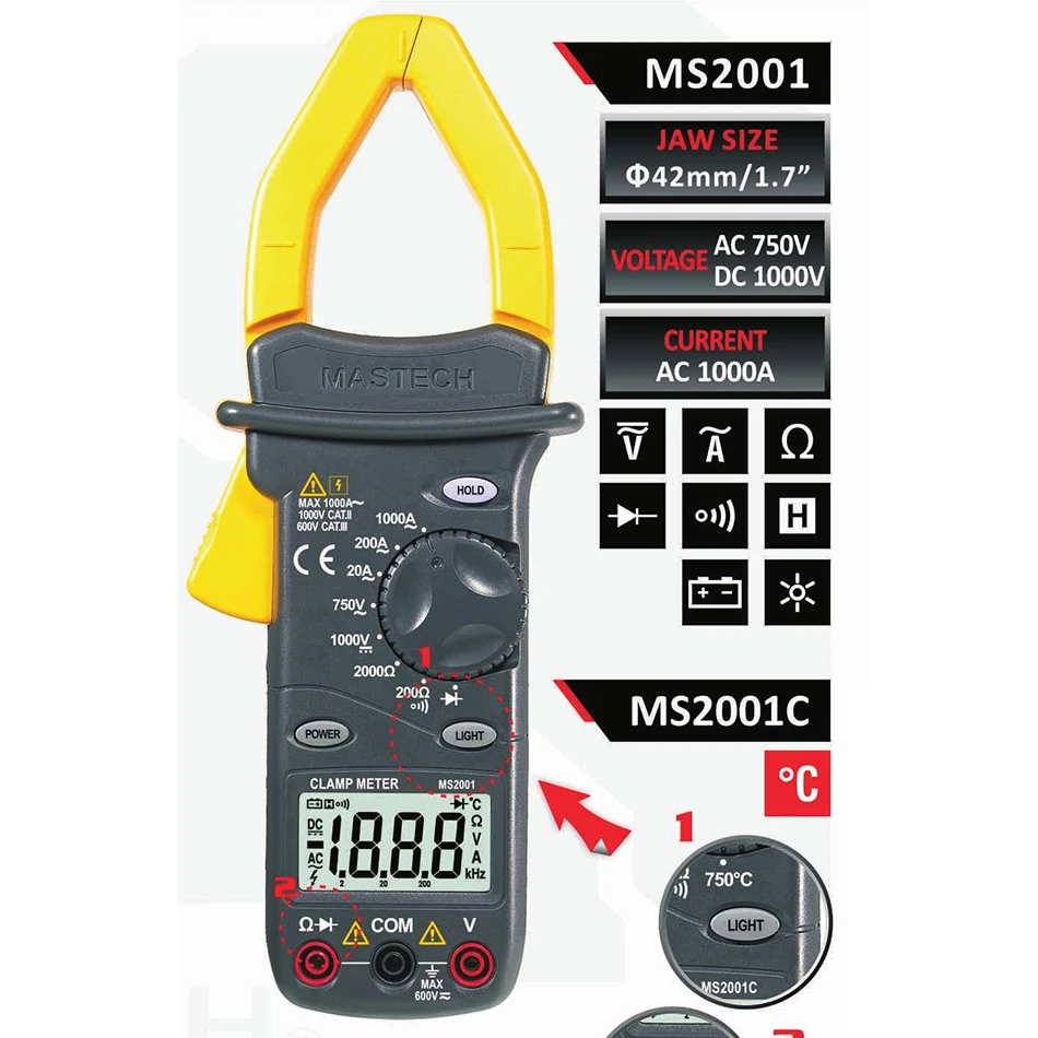 

MASTECH MS2001F Holdheld Digital Clamp Meter 31/2 bit AC Digital Clamp Continuity / Diode Test With Backlight
