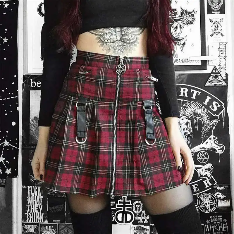 

Women Punk Pleated Skirts Tartan Harajuku High Waist Uniform Sexy Plaid Skirt Zipper Mini Summer Street Club Chains Belted