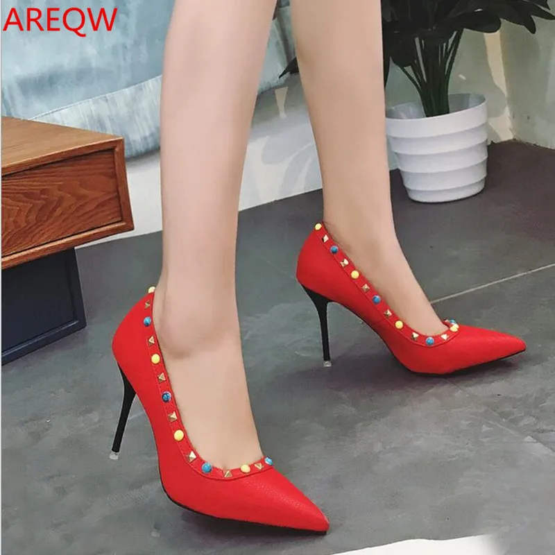 

AREQWThe new ultra-thin heel shoes Ms. high heels pump black shoes Ms. sexy pointed high heels rivet shoes women pump