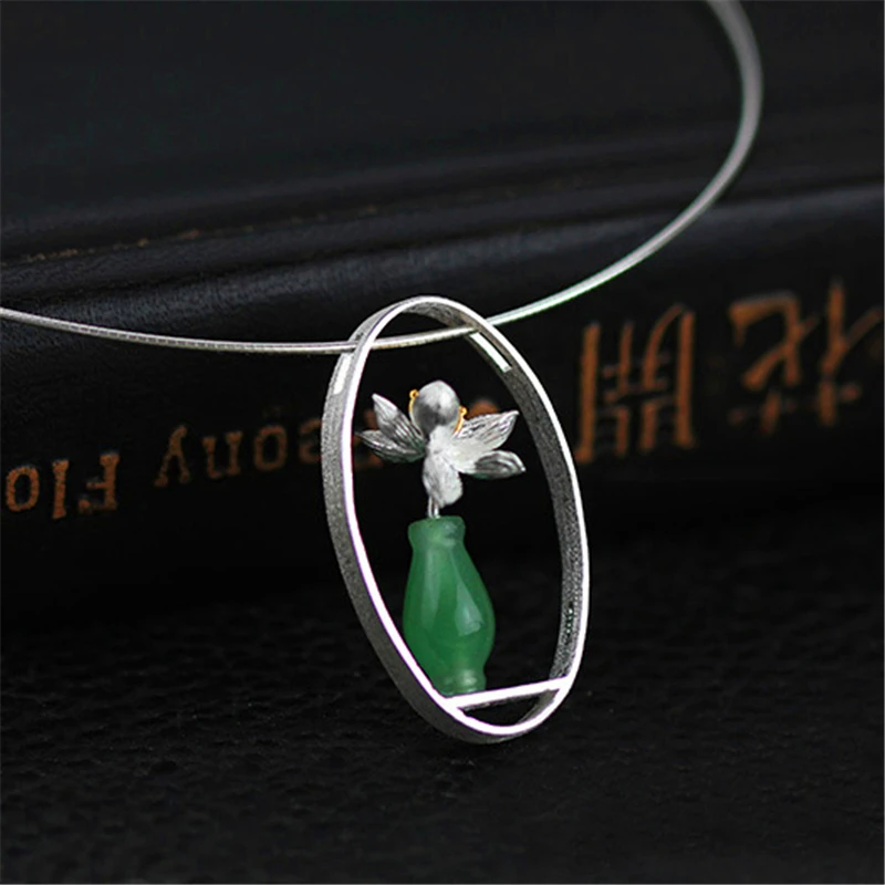 Lotus Fun Brand 925 Sterling Silver Pendant for Women Green Aventurine Fine Jewelry Vase Flower Pendant without Chain Dropship