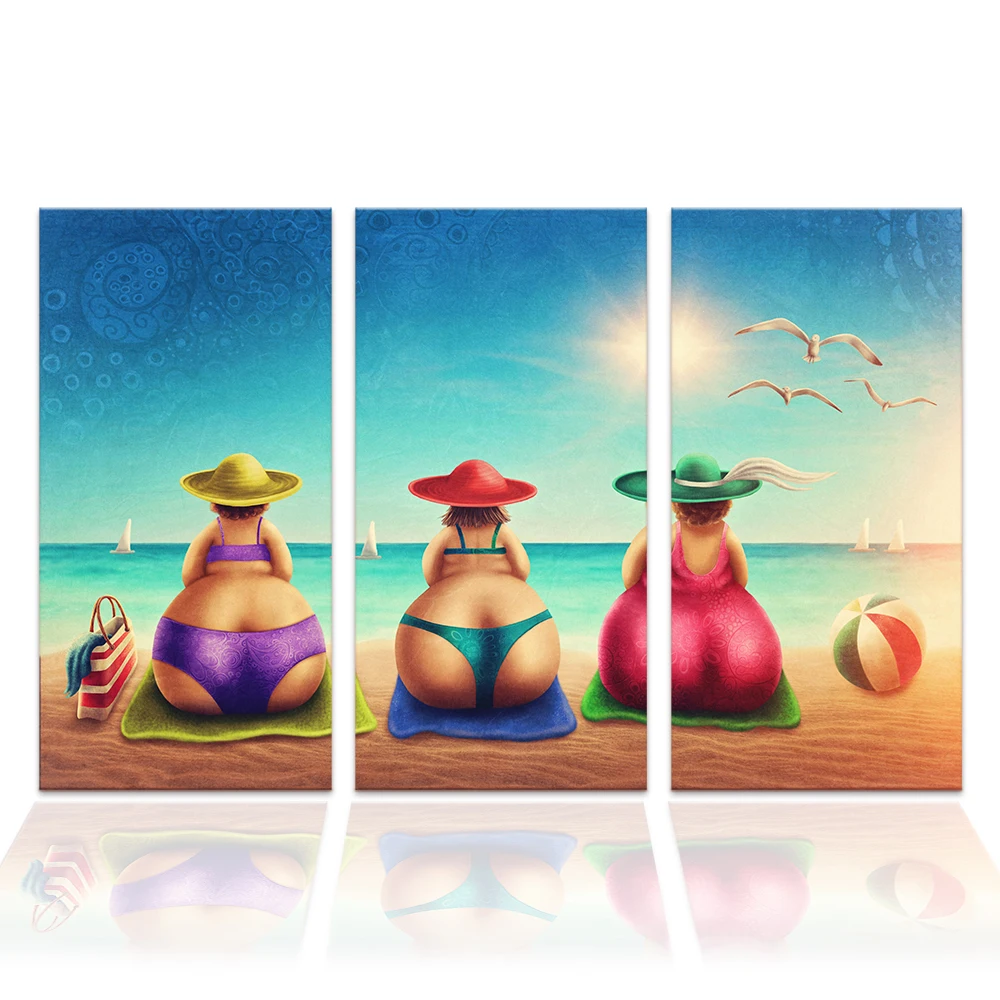 3 Pieces Grosse Femme Sur Plage Toile Art Peinture Bikini Femme