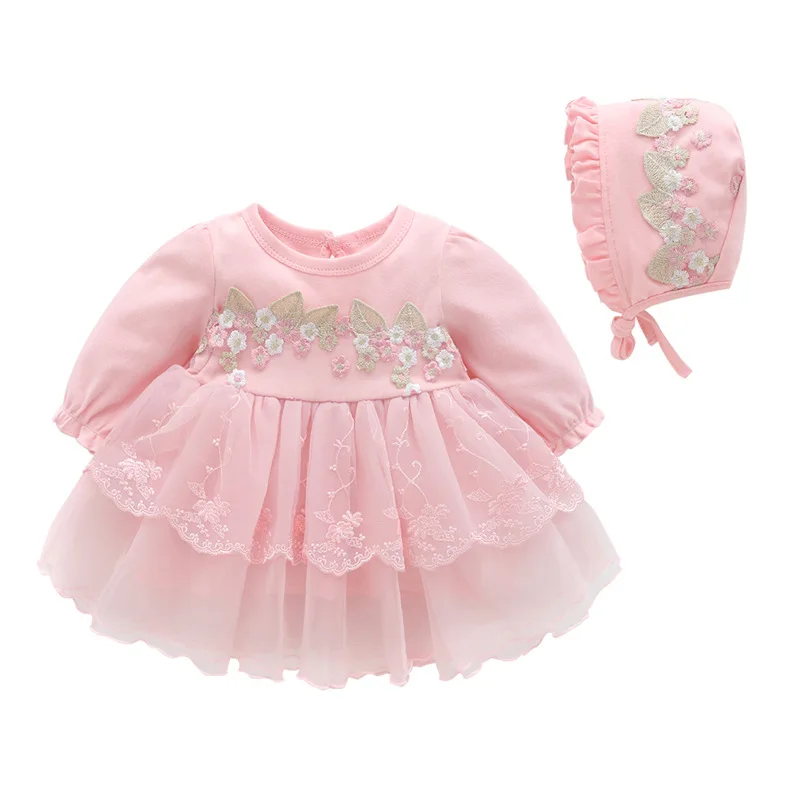 Одежда для малышей кружевное платье с вышивкой для новорожденных, платье для крещения для маленьких девочек, вечерние платья на крестины с шапочкой, от 0 до 12 месяцев, цвет розовый, белый - Цвет: Розовый