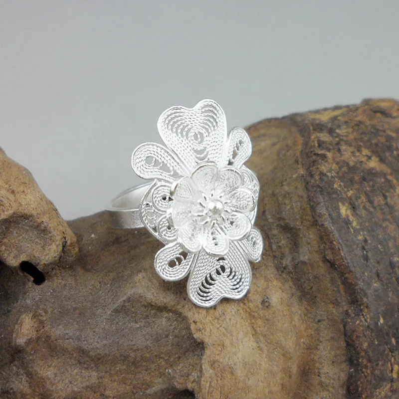 

Big Women Rings Handmade Jewelry Boho Ethnic 999 Sterling Silver Flowers Engagement Wedding Adjustable Antique 004 Ring New Year