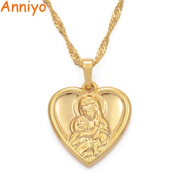 

Anniyo Heart Gold Color Lady and Son Pendant Necklaces Religious Pilgrimage Jewelry Gifts for Women Girls #057704