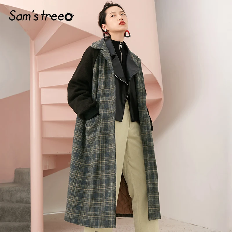 

Samstree Plaid Wide Waisted Brit Graphics Wool Coat Women 2019 Autumn Winter Patchwork Sleeve Single Breasted Female Outwears