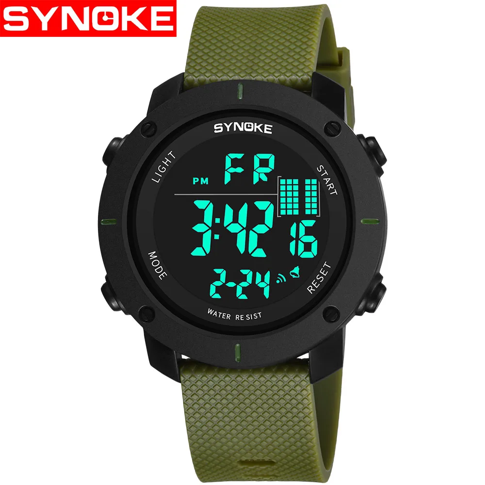 SYNOKE Sports Watch Men Digital Watches Waterproof Fashion Electronic Wristwatches Date Rubber Clock Black Military Watch - Цвет: Зеленый