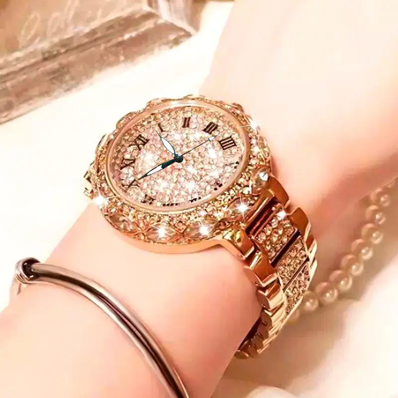 Женские Роскошные наручные часы с бриллиантами римские цифры кварцевые наручные часы из нержавеющей стали женские элегантные часы розовое золото Reloj Mujer