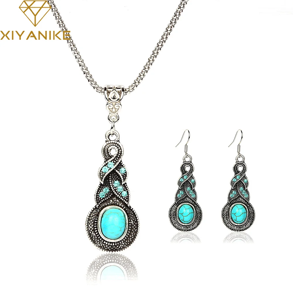 

New Women Jewelry Tibetan Silver Crystal Chain Pendant Necklace Earrings Red Set Round Jewelry sets For Women E920N419