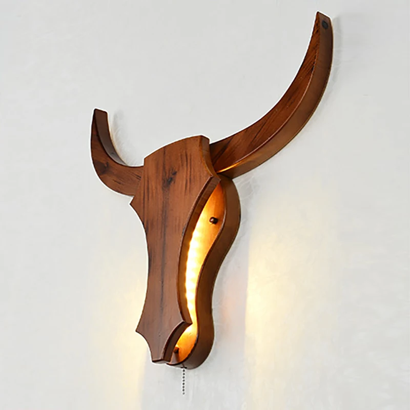Modern Loft Retro Natural Wood Cow Animal Style Wall Lamps E27 Led