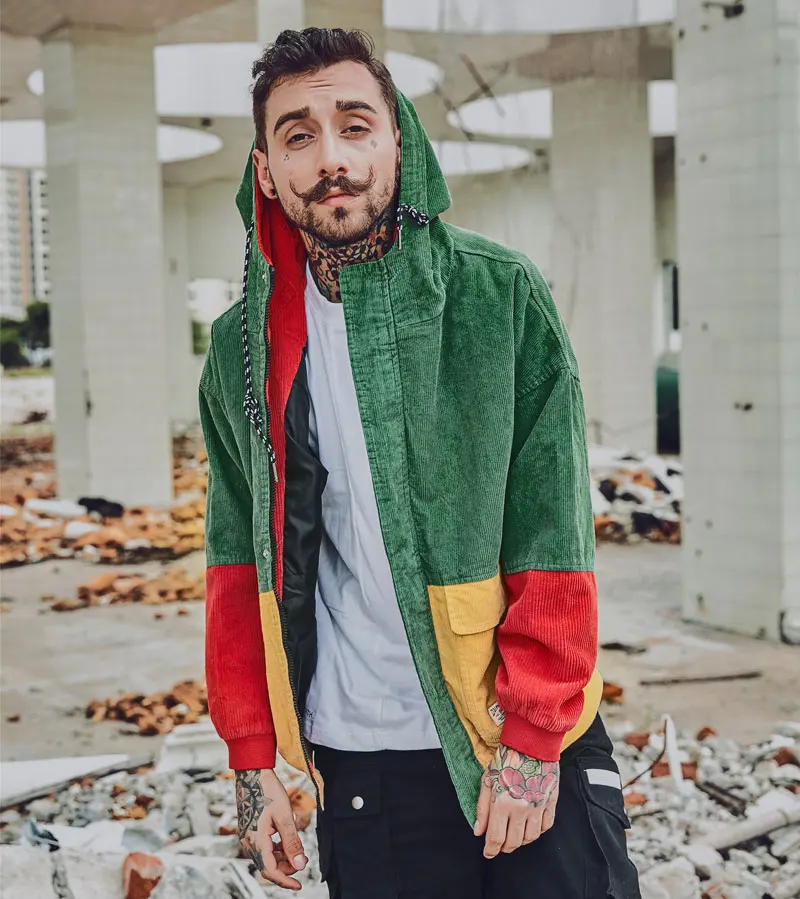 Color Block Patchwork Corduroy Hooded Jackets 1