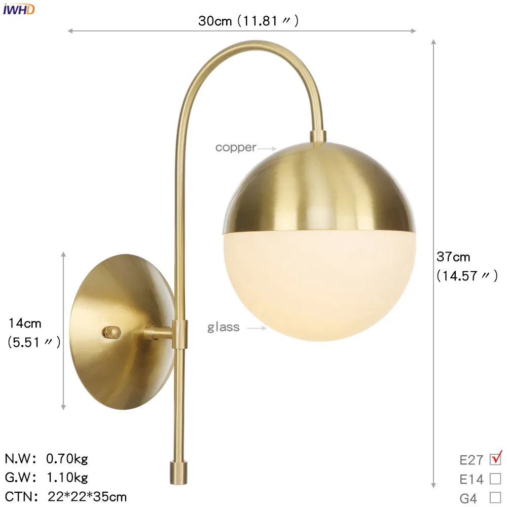 IWHD Скандинавский современный медный настенный светильник, светодиодный светильник для спальни, ванной комнаты, зеркальный светильник, винтажный стеклянный шар, настенные светильники бра с креплением, Wandlamp