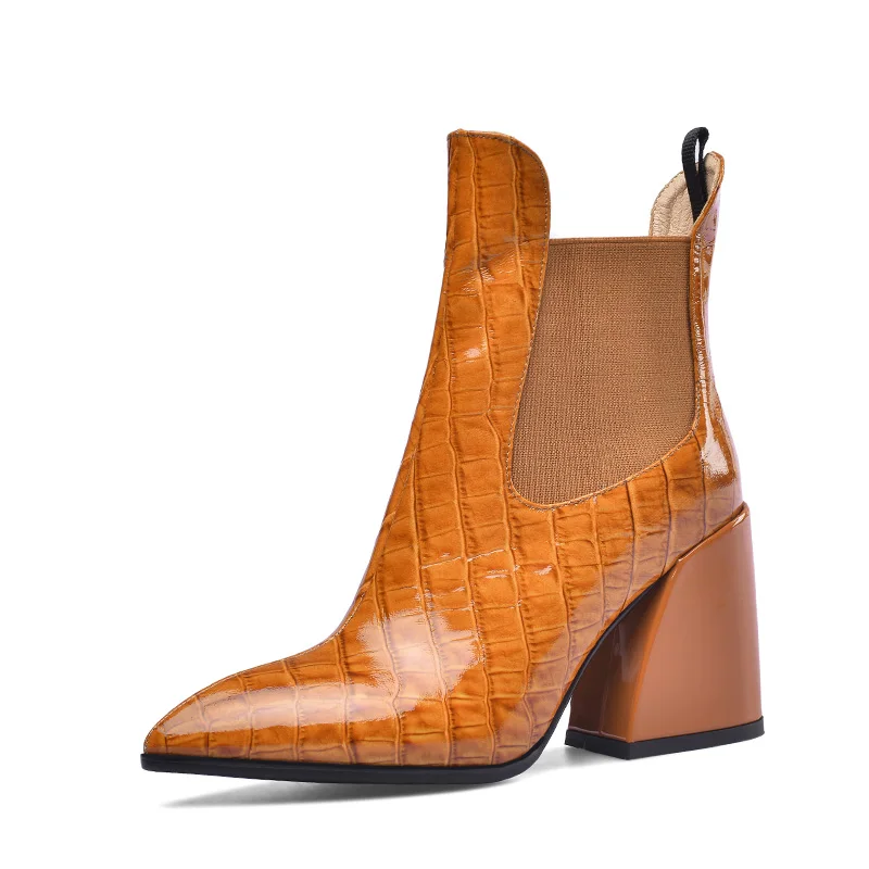 WETKISS/ботинки из тисненой коровьей кожи; женские ботильоны «Челси»; женская обувь для вечеринок на высоком каблуке; женские эластичные ботинки с острым носком - Цвет: Оранжевый
