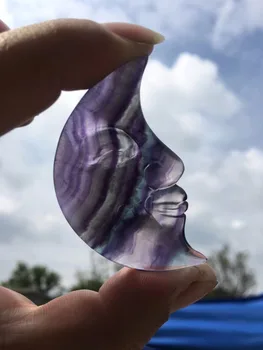 

New arrival Natural rainbow fluorite quartz crystal moon reiki healing gemstone hand carved moon smile face for home decoration